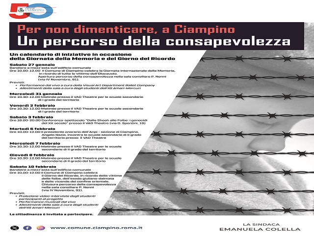 Per non dimenticare, a Ciampino al via da sabato 27 gennaio un percorso della consapevolezza