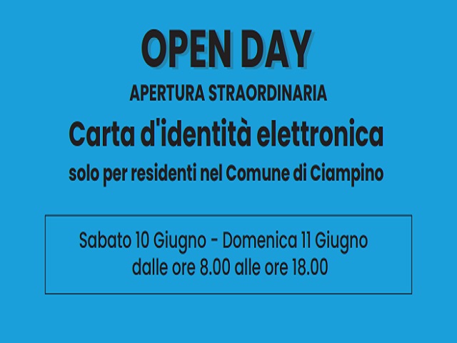 Open day Carta d’Identità Elettronica: sabato 10 e domenica 11 giugno