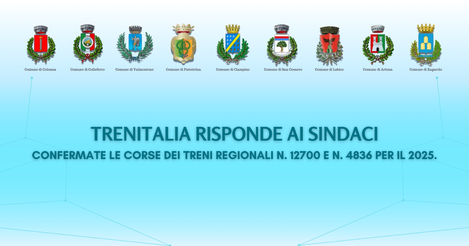 Trenitalia risponde ai Sindaci - Confermate le corse dei treni regionali veloci n°12700 e n°4836 per il 2025