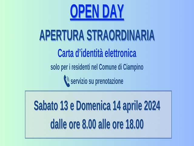 Open day Carta d’Identità Elettronica: sabato 13 e domenica 14 aprile 2024
