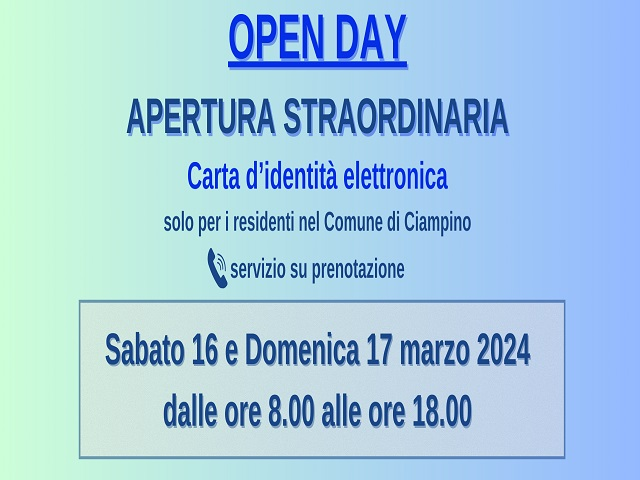 Open day Carta d’Identità Elettronica: sabato 16 e domenica 17 marzo 2024