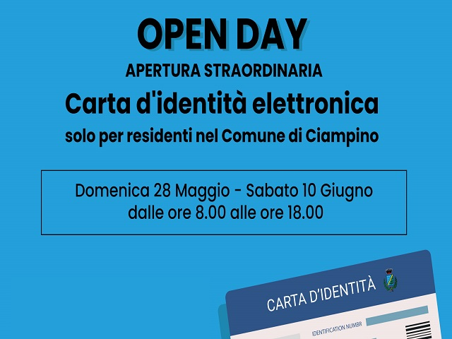 Open day Carta d’Identità Elettronica: domenica 28 maggio e sabato 10 giugno