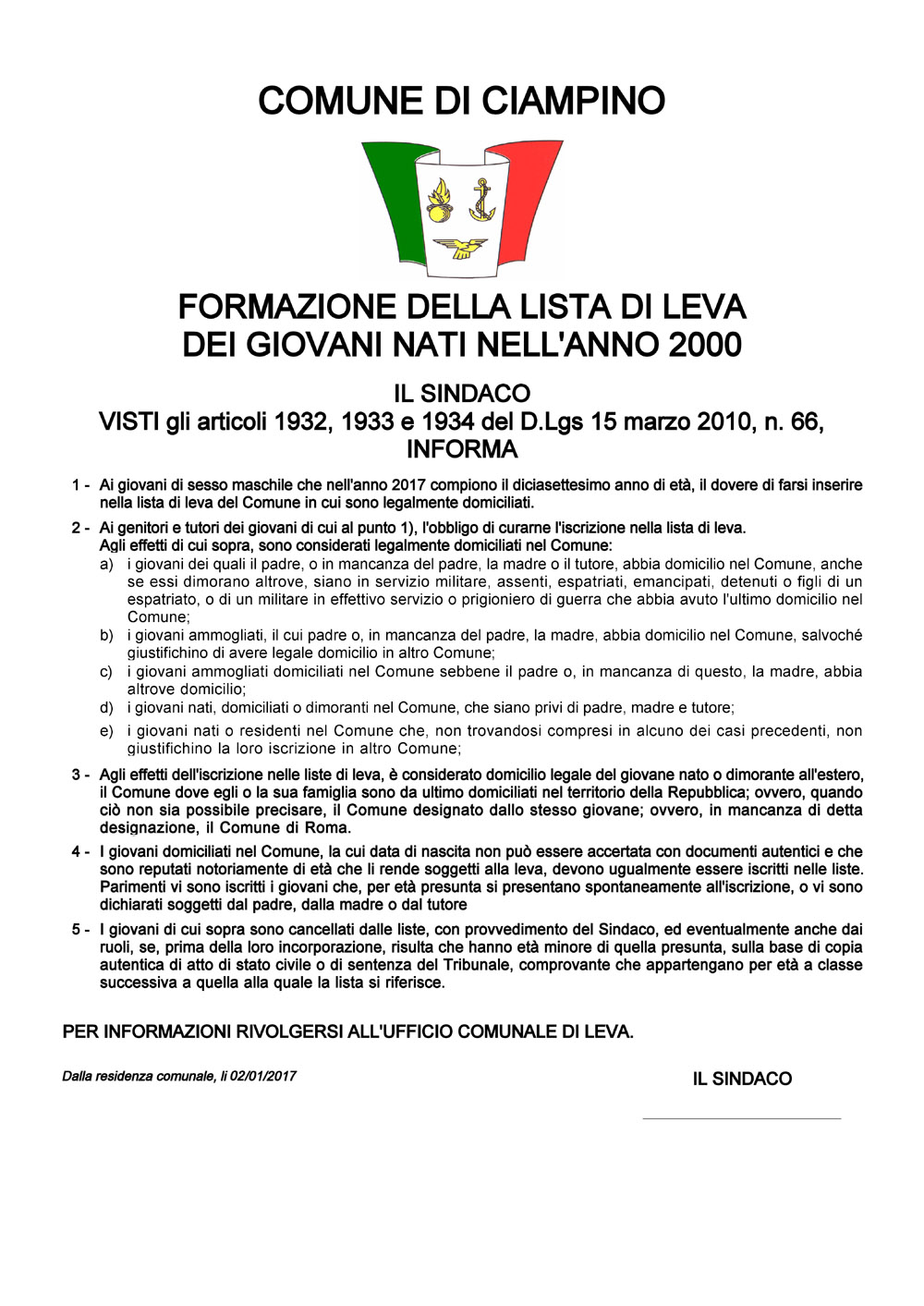 Formazione della lista di leva dei giovani nati nell'anno 2000