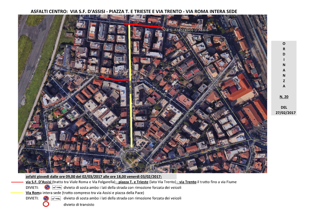 Lavori Pubblici: dal 2 al 3 marzo 2017 lavori di rifacimento del manto stradale di Viale Roma, vie S.F.D'Assisi e Trento
