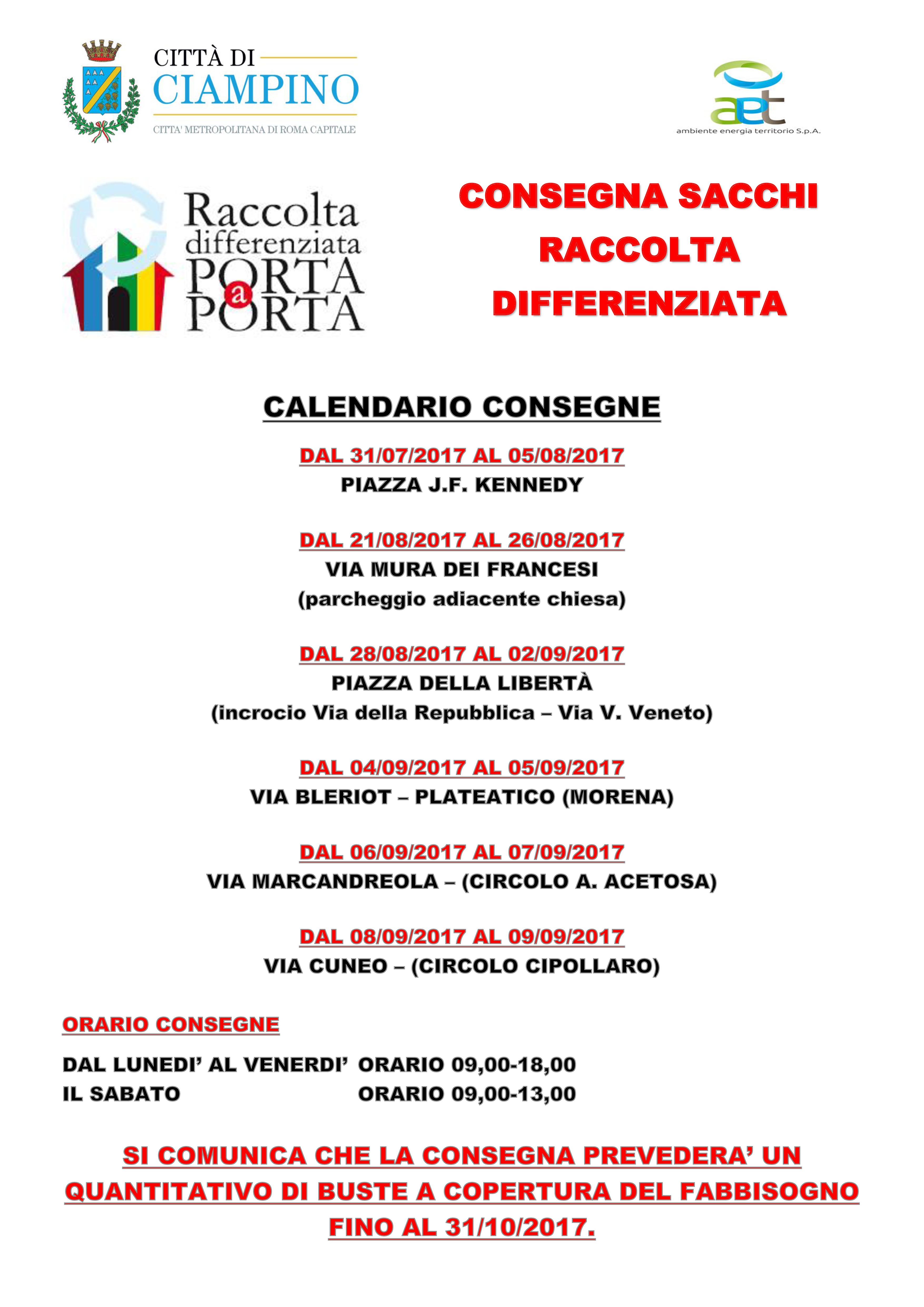 Raccolta differenziata: calendario consegna buste per fabbisogno fino al 31 ottobre 2017