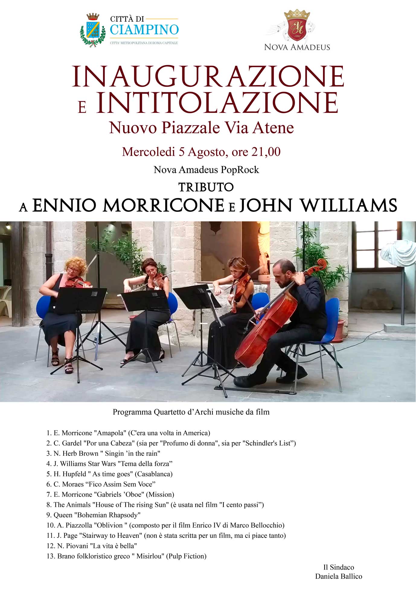 Comunicato Stampa del Comune di Ciampino - Mercoledì 5 agosto, inaugurazione della piazza di via Atene con concerto di tributo a Ennio Morricone