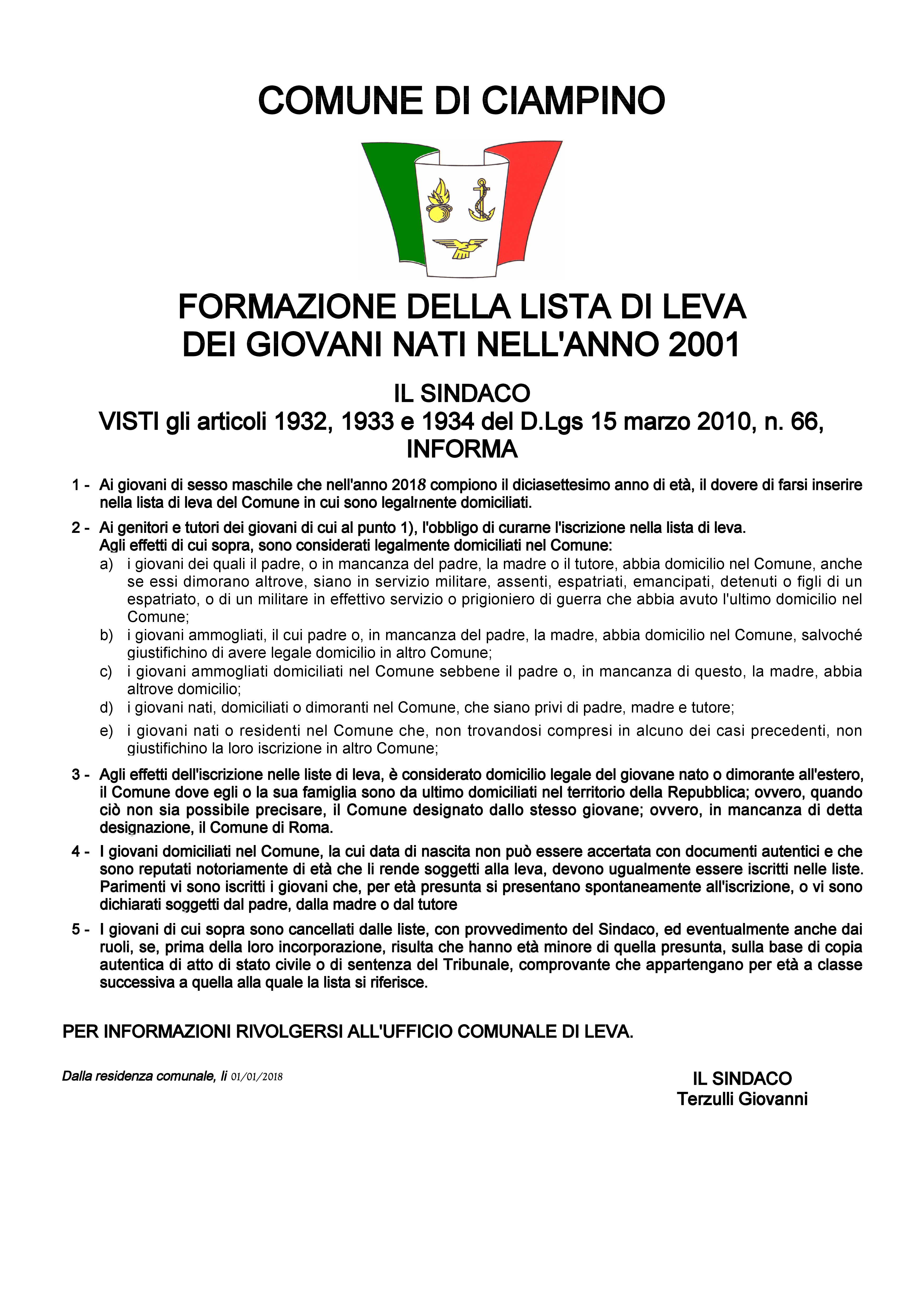 01/01/2018: avviso di formazione della lista di leva dei giovani nati nell'anno 2001