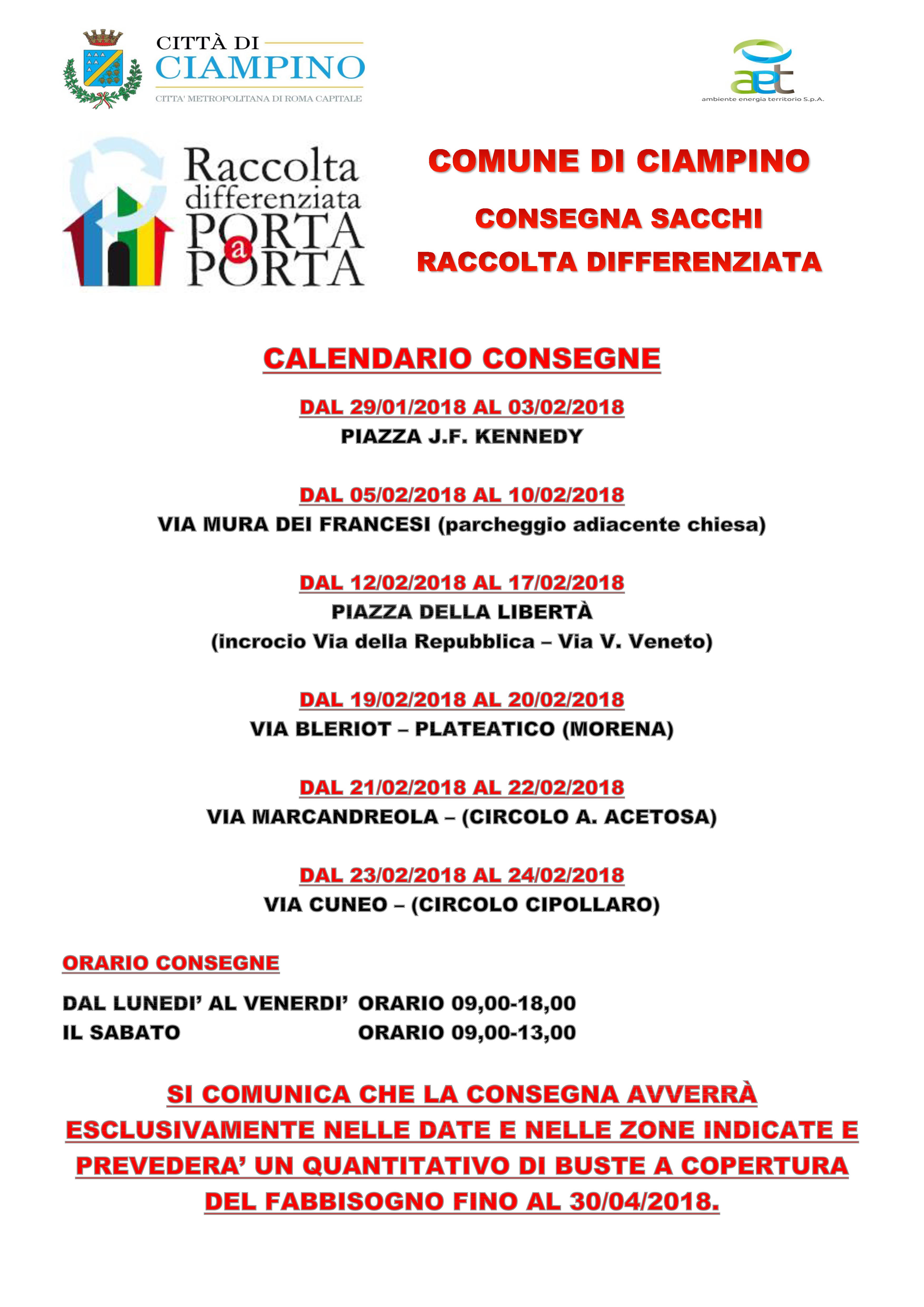 Raccolta differenziata: calendario consegna buste per fabbisogno fino al 30 Aprile 2018