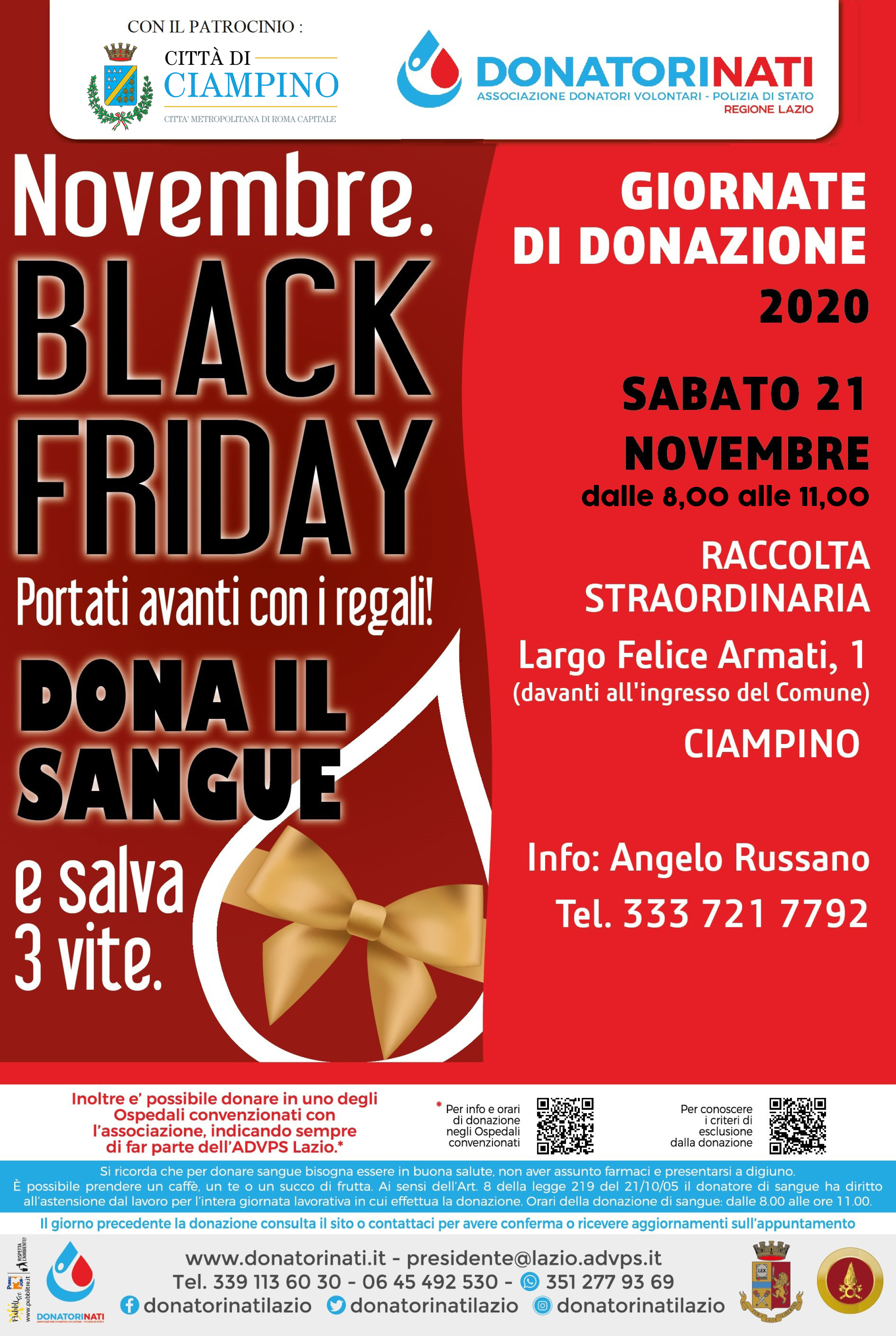 Comunicato Stampa del Comune di Ciampino - 21 novembre: giornata di donazione del sangue in collaborazione con l'Associazione DonatoriNATI 