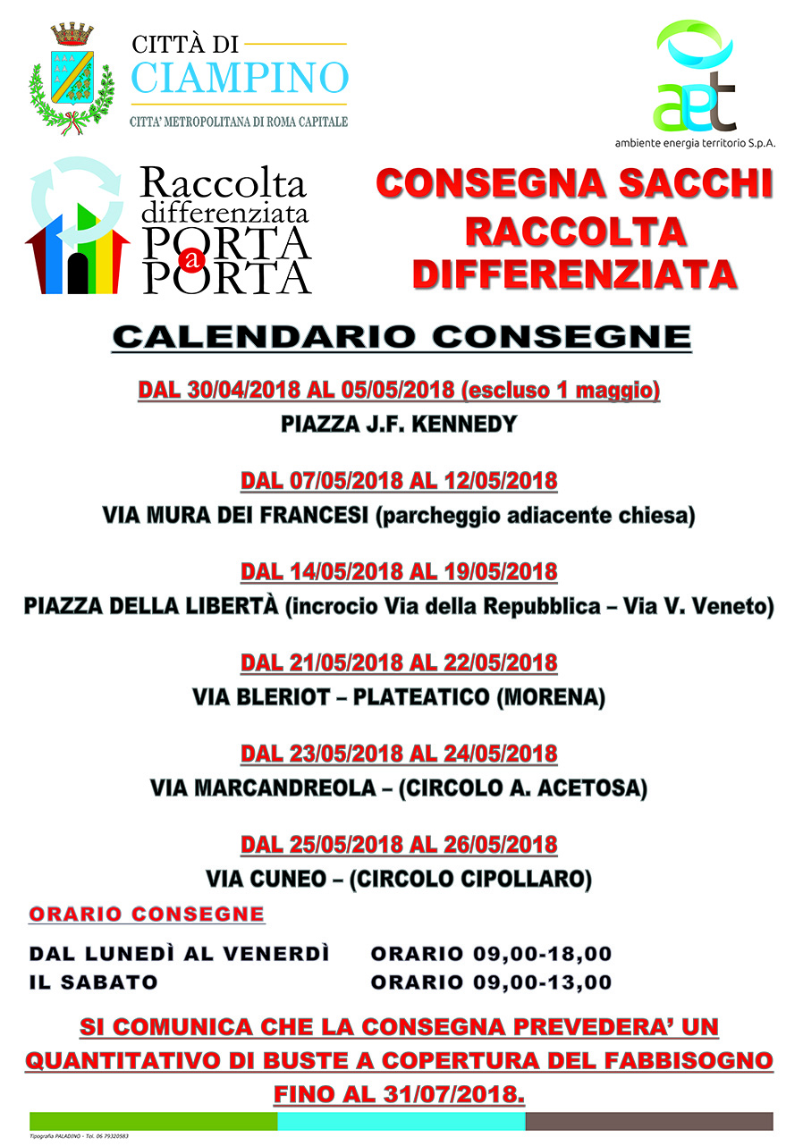 Raccolta differenziata: calendario consegna buste per fabbisogno fino al 31 Luglio 2018