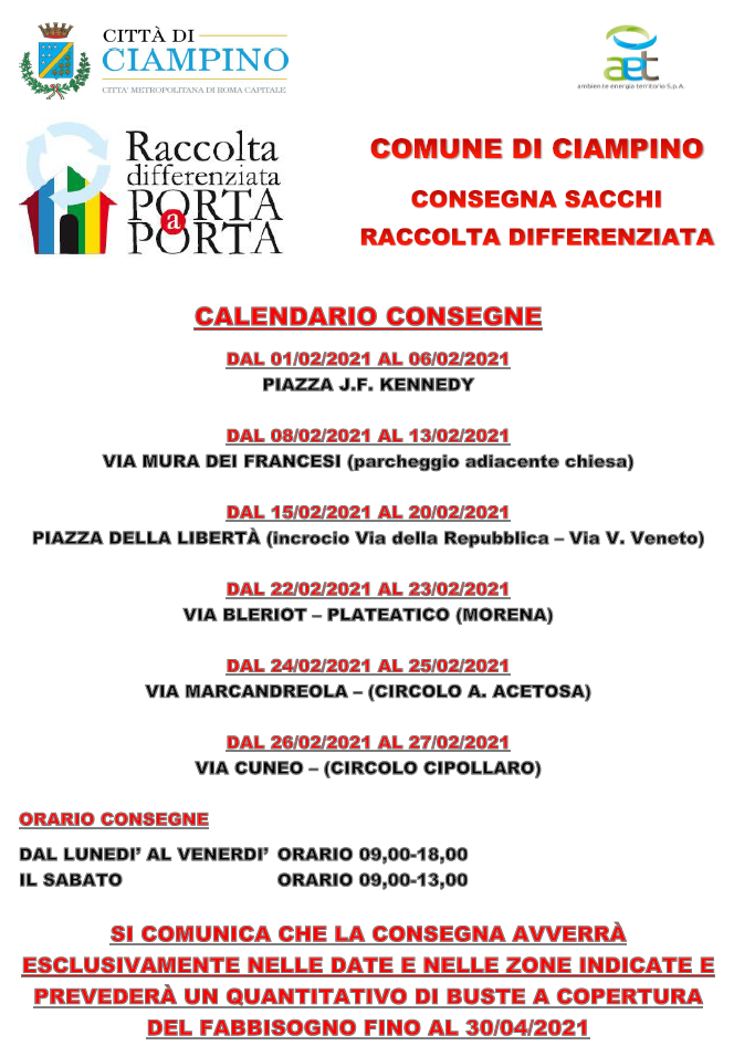Raccolta differenziata: calendario consegne buste per fabbisogno fino al 30 aprile 2021