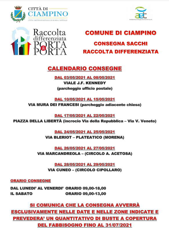 Raccolta differenziata: calendario consegne buste per fabbisogno fino al 31 luglio 2021