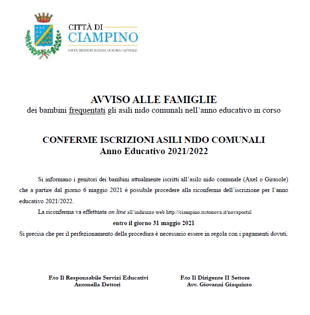 Avviso alle Famiglie: Conferme iscrizioni Asili nido comunali