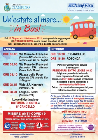 Comunicato Stampa del Comune di Ciampino - Torna il bus per il mare, al via la popolare iniziativa “un’estate al mare… in bus”