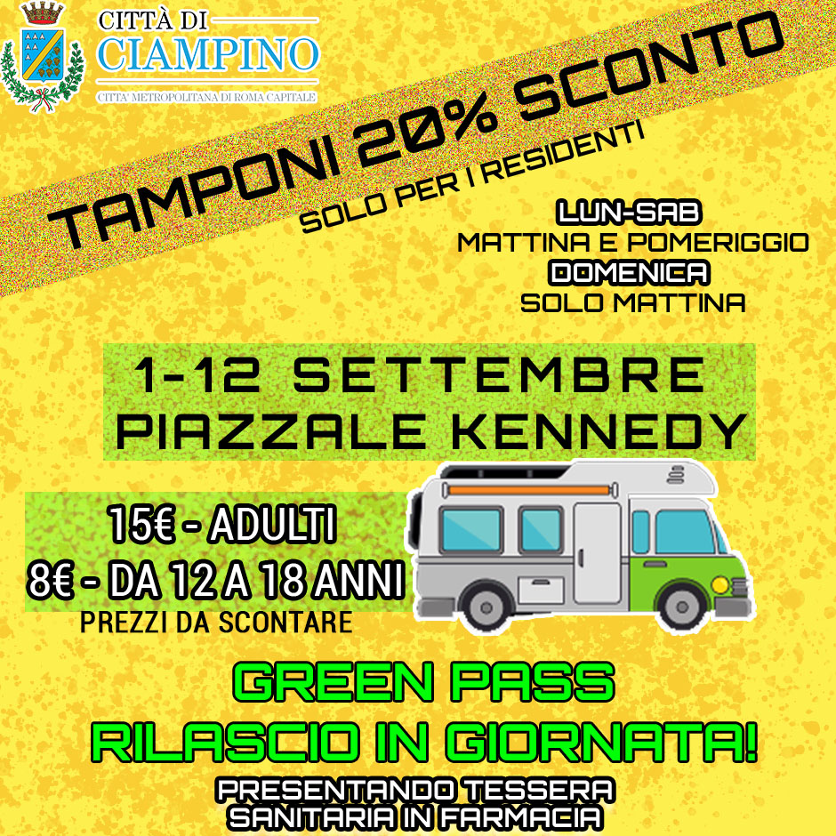 Tamponi 20% sconto e Green Pass in giornata, 1-12 settembre piazzale Kennedy